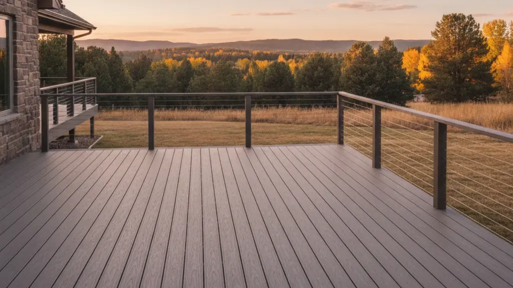 New composite deck with cable railing overlooking a Colorado hillside at sunset