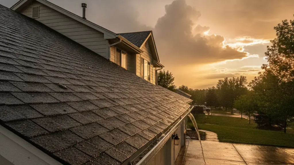 Asphalt shingle roof under a stormy Colorado sky with hail runoff draining from the gutter
