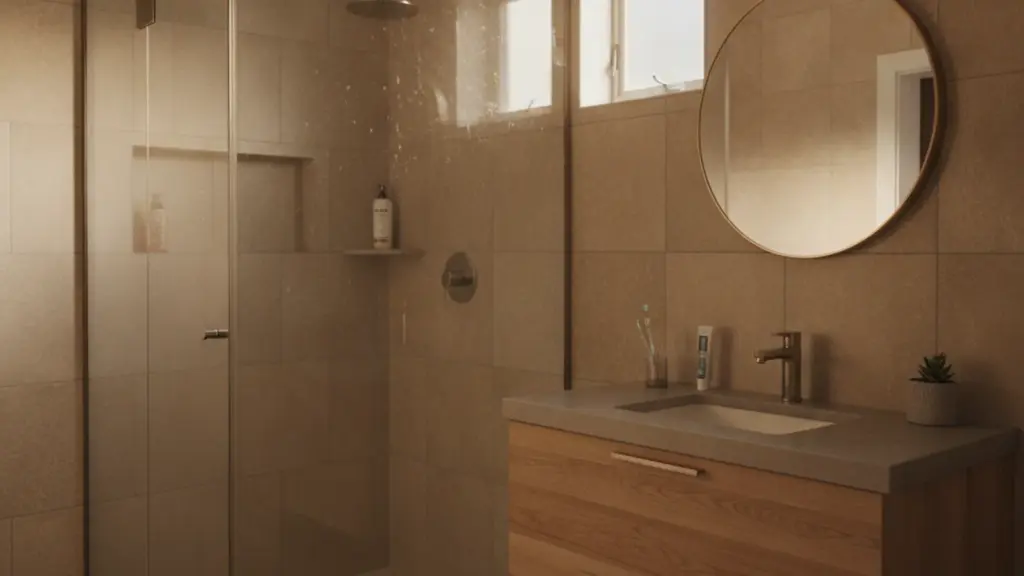 Remodeled small bathroom in Westminster, Colorado with a glass-enclosed shower, floating wood vanity, and round mirror