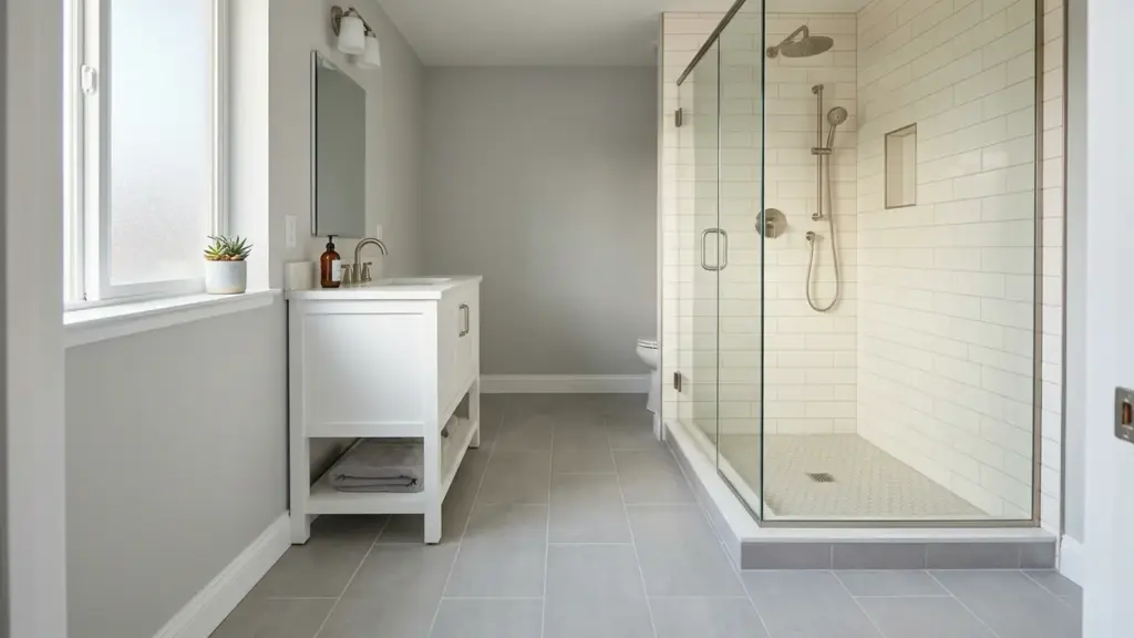 Bathroom with large gray floor tile, a glass-enclosed shower with white subway tile walls, and a white vanity.