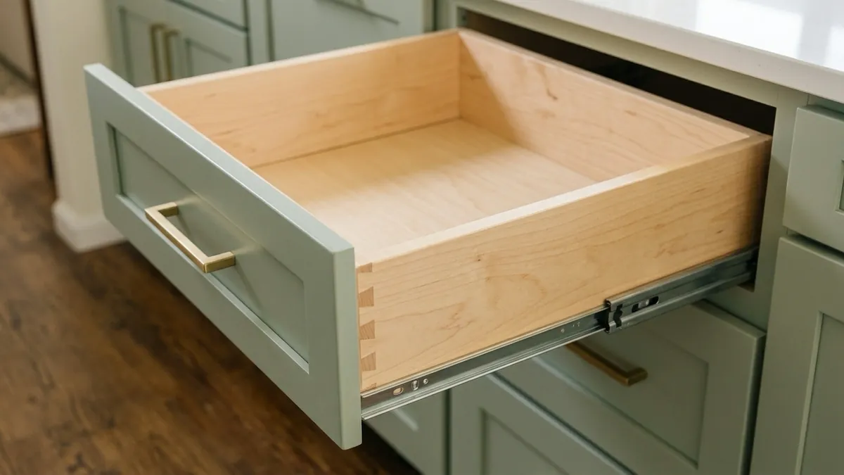 Open sage green cabinet drawer with a dovetailed wood box on full-extension metal slides.