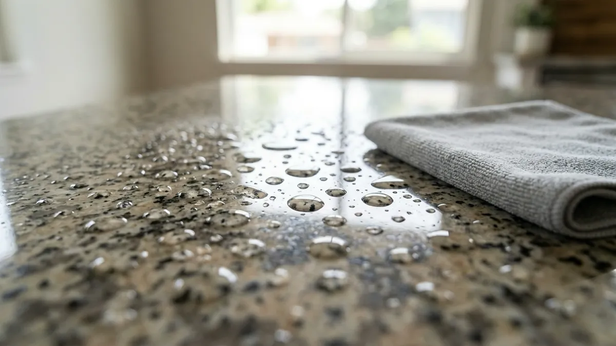 Water droplets beading on a speckled granite countertop next to a folded gray microfiber cloth.