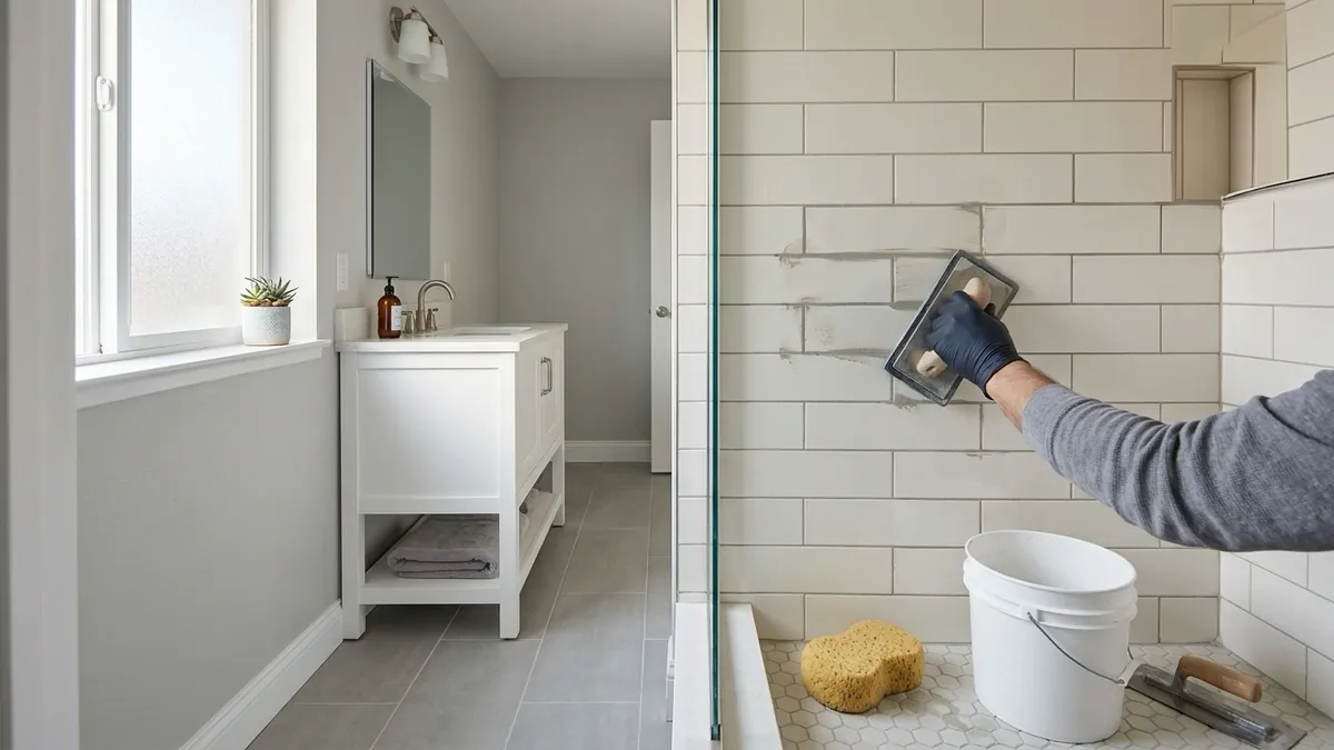 Gloved hand spreading grout over white subway tile on a shower wall, with a bucket, sponge, and trowel below.
