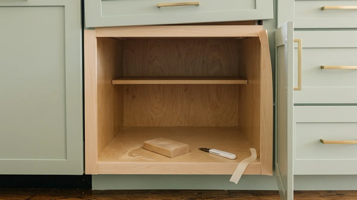 Open sage green base cabinet showing its bare wood box and shelf, with a sanding block and utility knife inside.