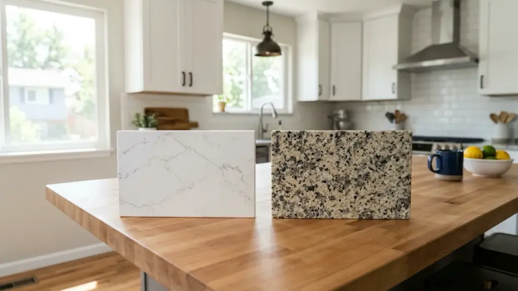 White quartz sample with gray veining beside a speckled granite sample on a butcher block kitchen island.