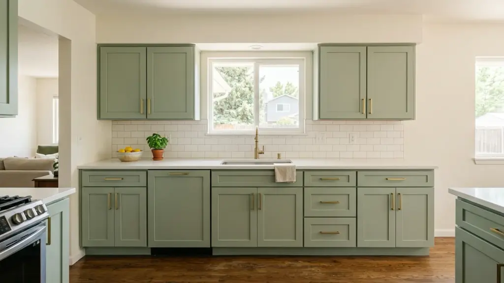 Kitchen with sage green shaker cabinets, brass pulls, white countertops, and a white subway tile backsplash under a window.