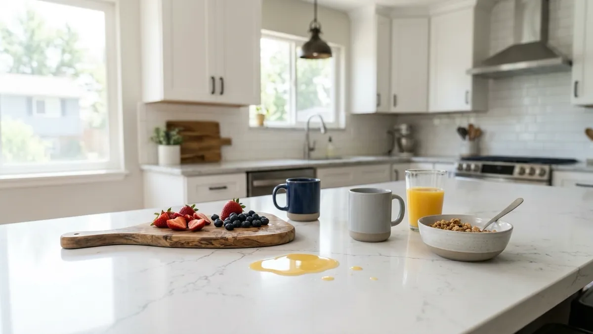White quartz countertop with a small juice spill near coffee mugs, orange juice, berries, and a bowl of cereal.