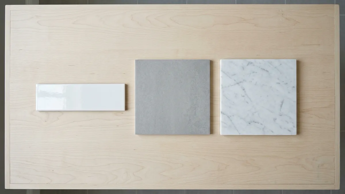 Three tile samples on a light wood surface: a glossy white subway tile, a matte gray square tile, and a white marble square.